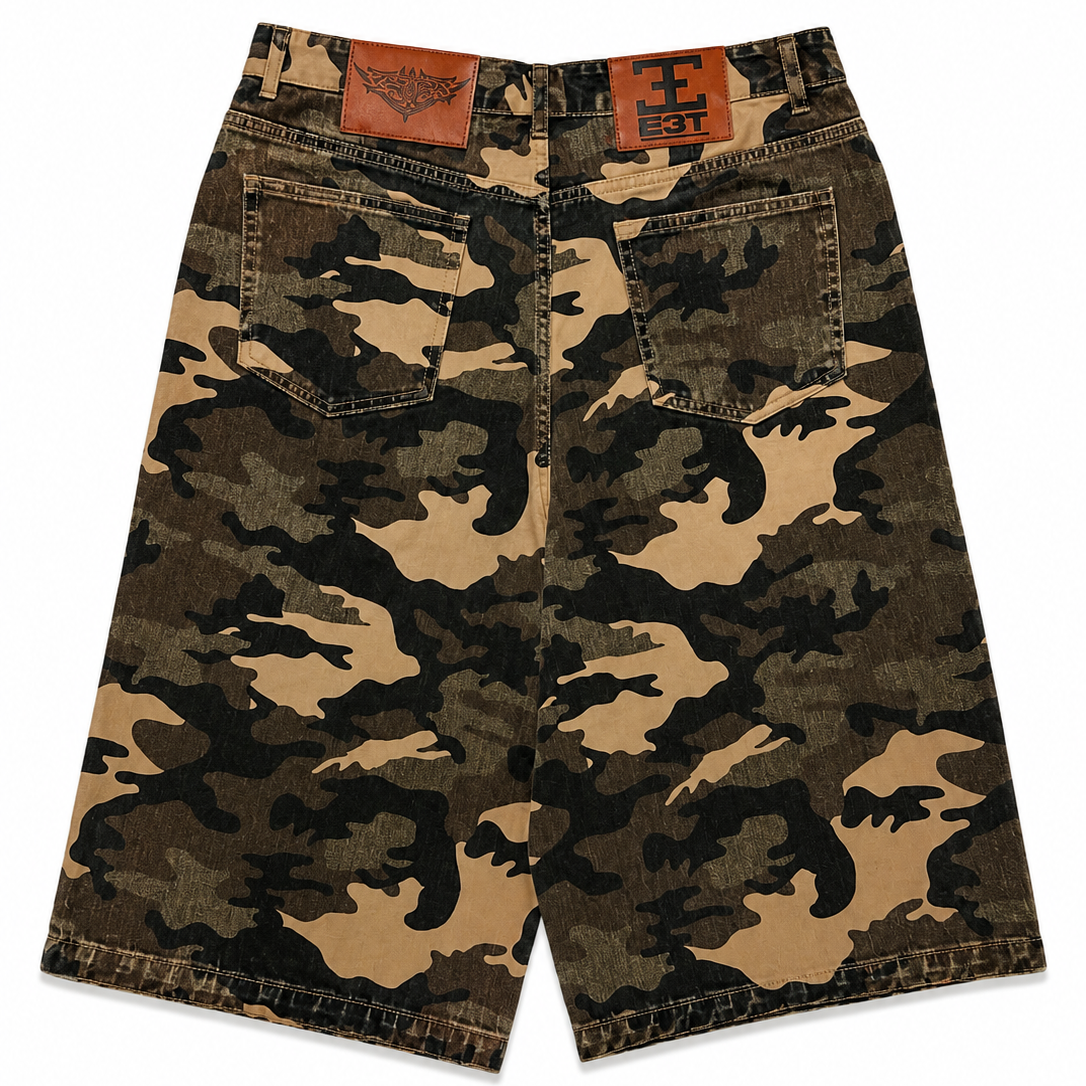 E3T CAMO BAGGY JORTS (PRE ORDER)